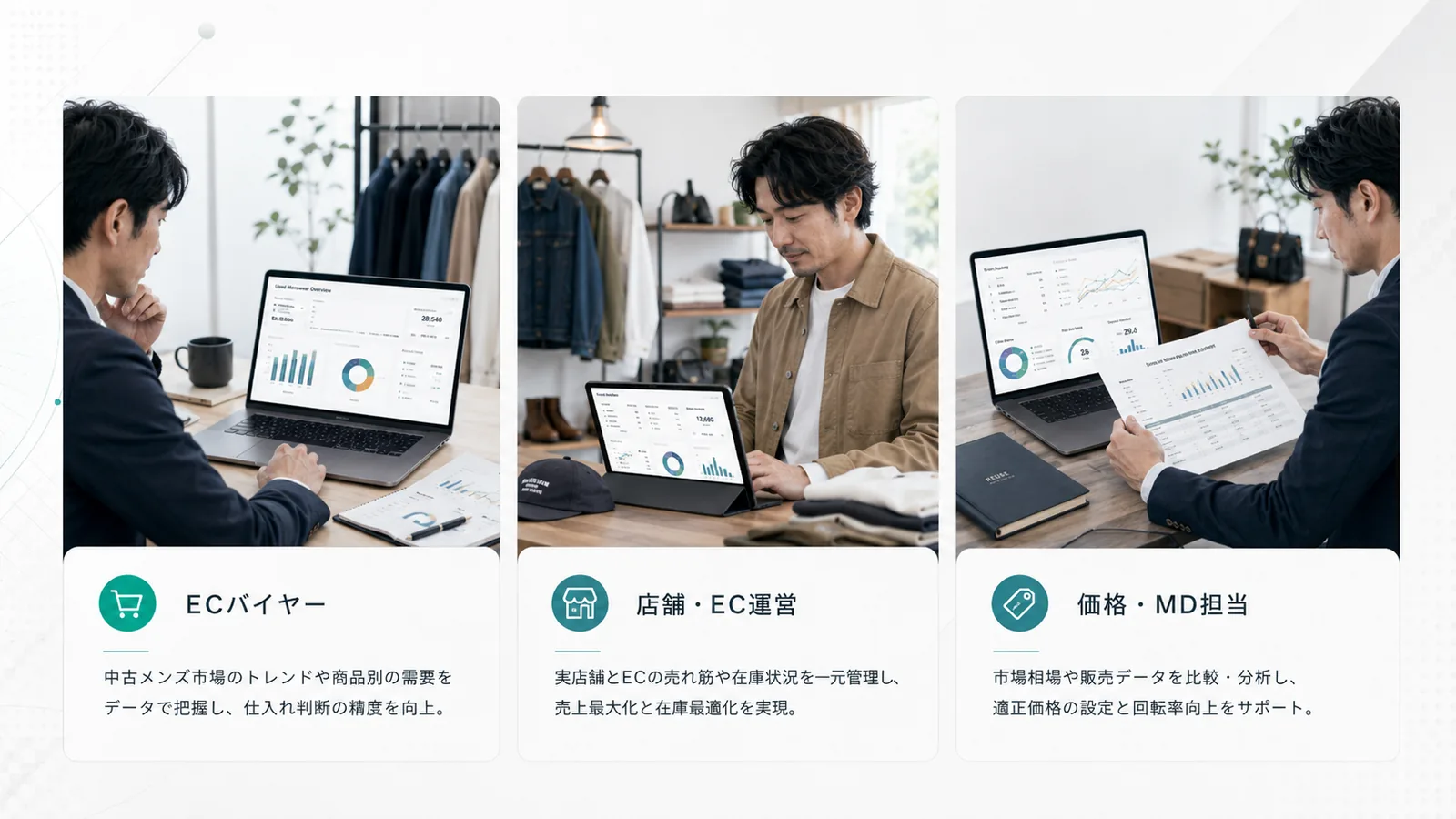 ECバイヤー、店舗運営、価格・MD担当の活用シーン